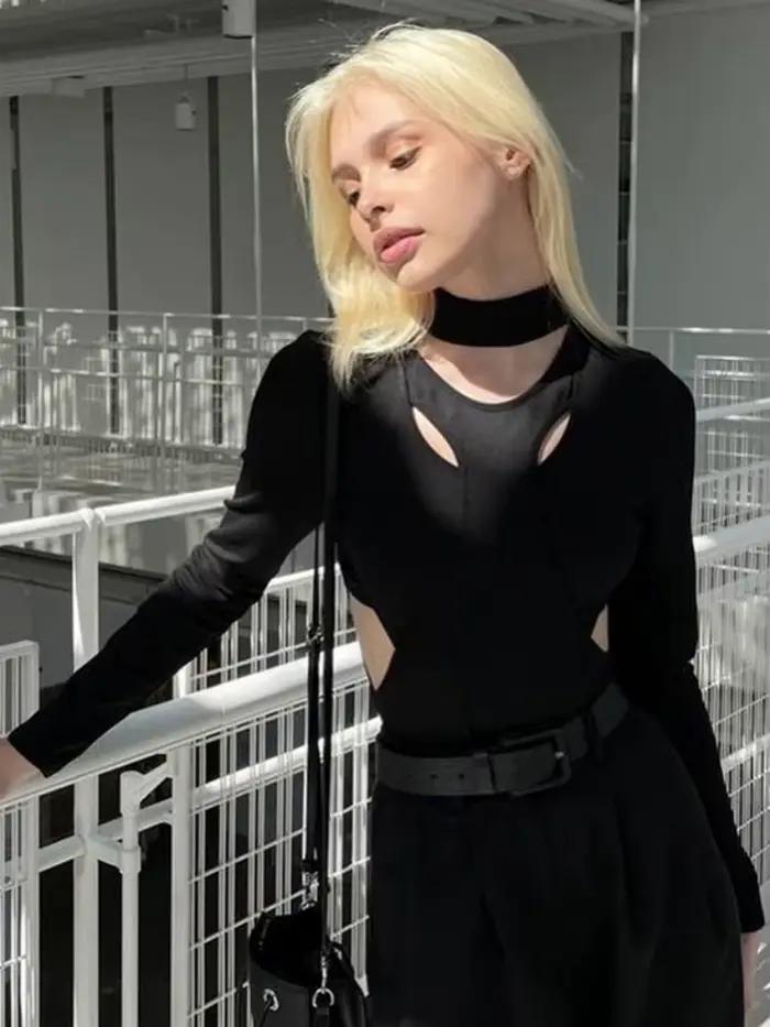 Sexy čierne body s dlhými rukávmi a výrezmi Patchwork jednodielne dámske