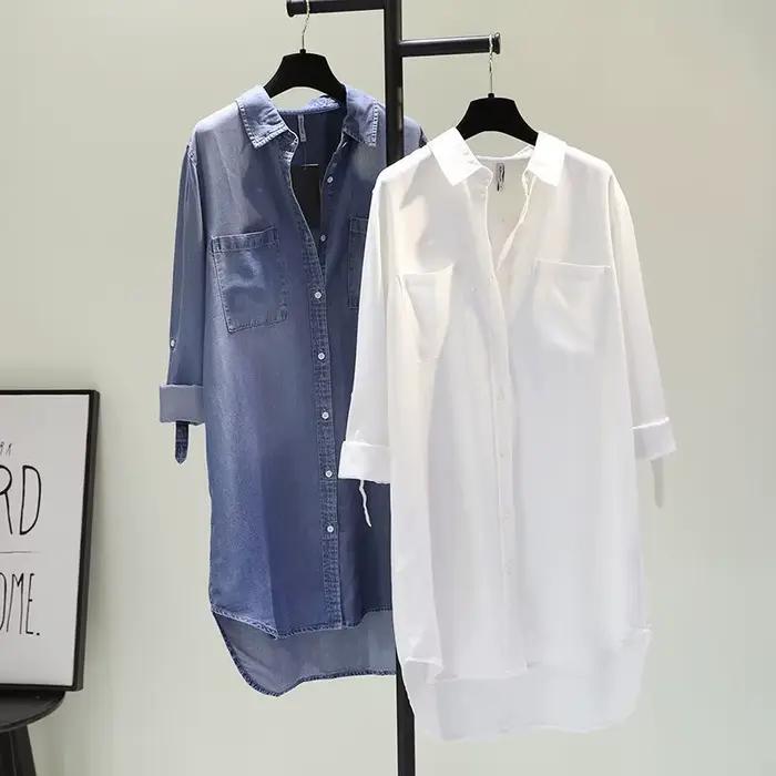 Blouse en imitation denim pour femmes, col roulé, décontractée, mi-longueur, polyester et coton, pour rentrée scolaire et accueil