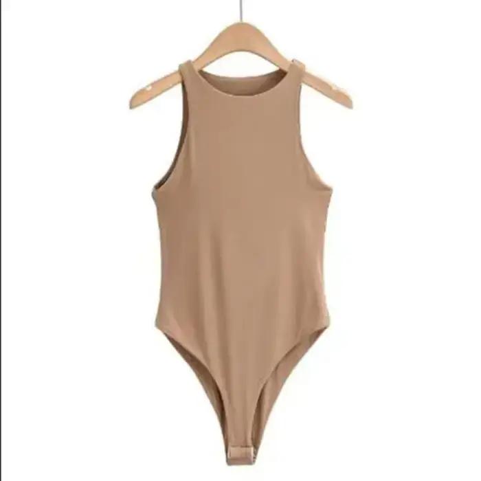 Combinaison sans manches beige pour femme, col rond, coupe ajustée, côtelée, décontractée, basique