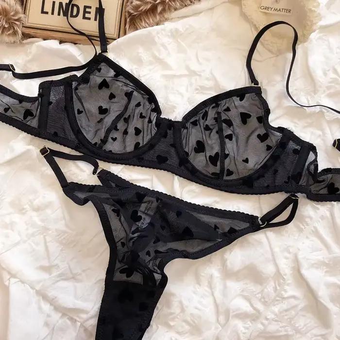 Ensemble de lingerie sexy ultra mince pour femme, soutien-gorge respirant, soutien-gorge push-up, maille, romantique, pêche, coeur, intimes, été, 2 pièces