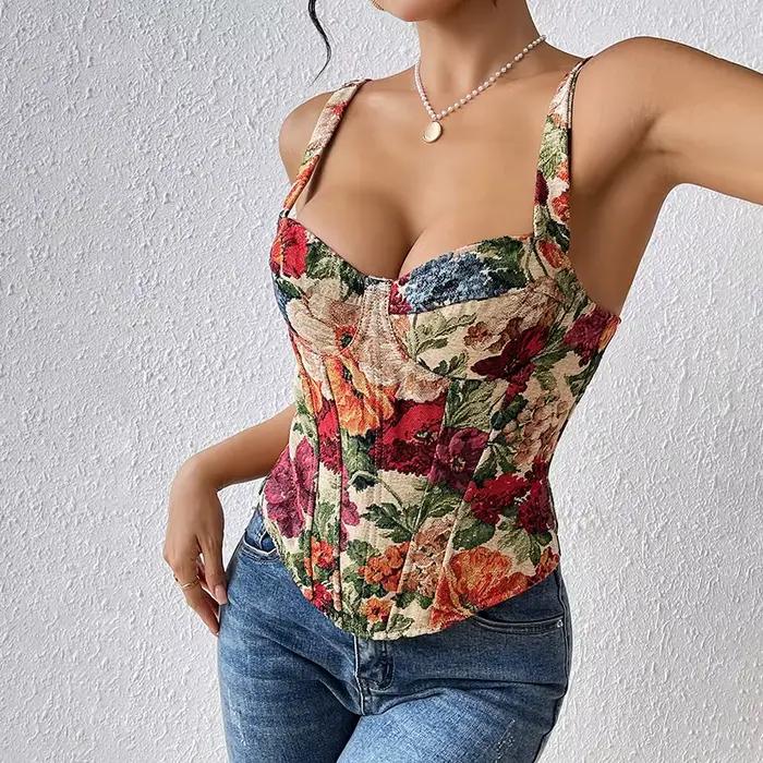 Corset à fleurs brodées pour femmes, Vintage, écharpe française amincissante, Sexy, sans manches, en arête de poisson, entraîneur de taille, gilet façonnant, été