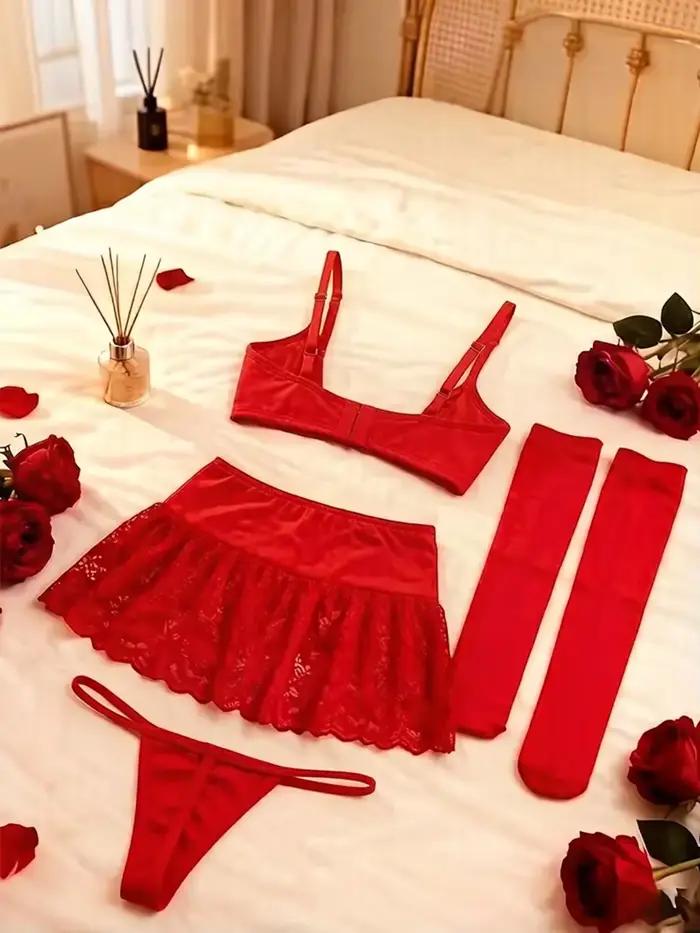 Červený čipkovaný sexy lingerie set pre ženy a saténový