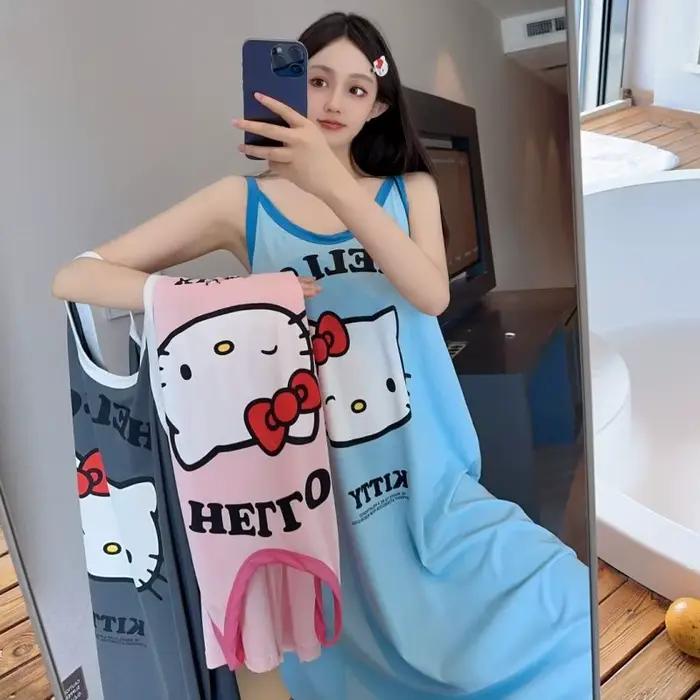 Chemise de nuit sans manches surdimensionnée Kawaii Sanrio Hello Kitty, grande taille pour femmes, robe de nuit d'été en coton doux, vêtements de détente à imprimé de dessin animé