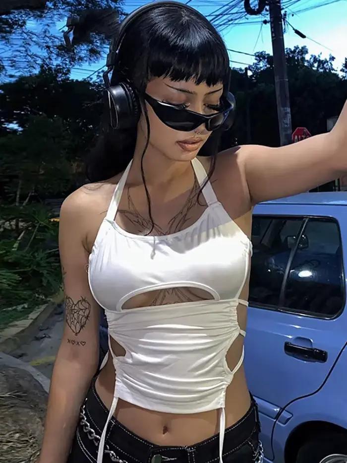 Y2K Sexy odhalený chrbát letný top krátky ženy 2025 biely bez rukávov obväzový lodičkový tielko Streetwear Cami 90s