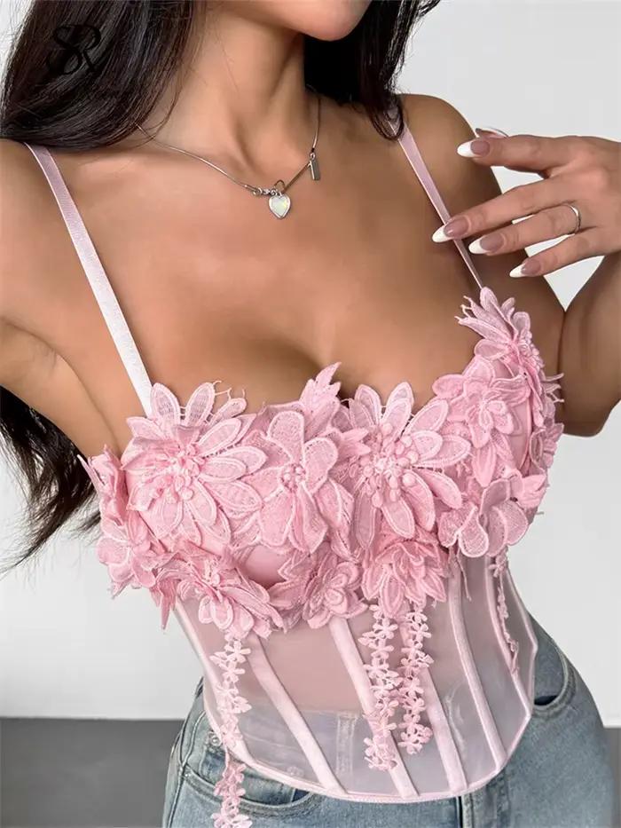 SINGREINY pure gaze 3D fleurs Corset femmes rose Sexy bretelles mince hauts mode Streetwear dames court français Chic doux Camis