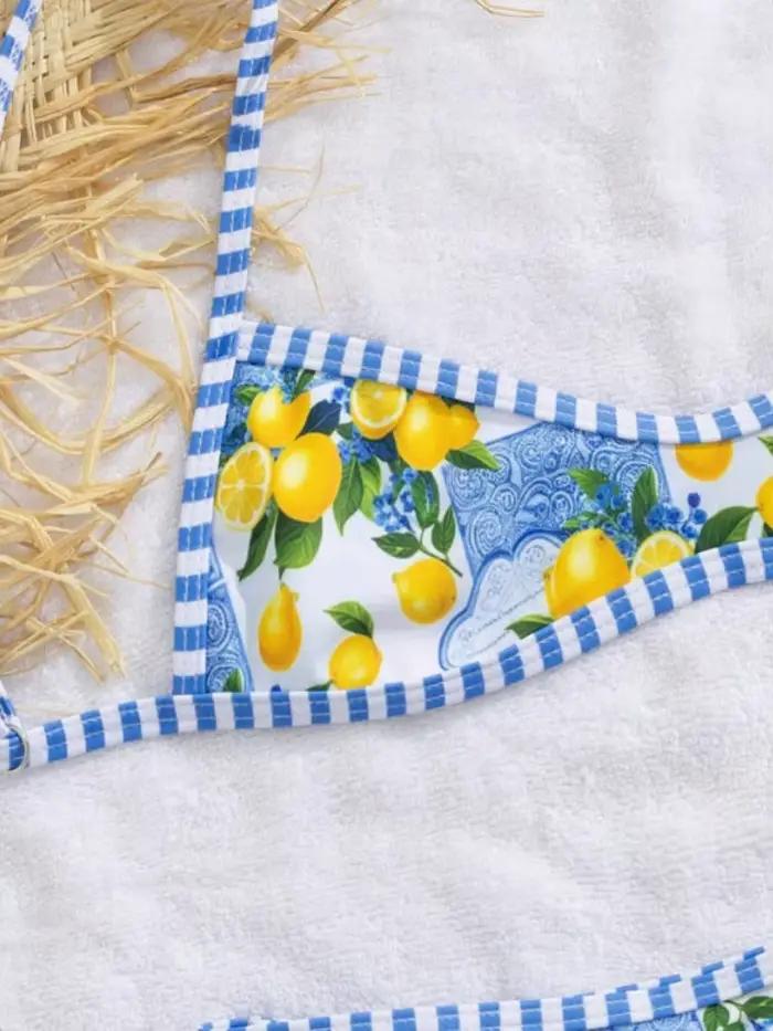 Sexy bleu ciel fruits imprimé Micro Bikini 2026 femmes brésilien plissé soutien-gorge Push Up creux string maillot de bain plage maillot de bain maillots de bain