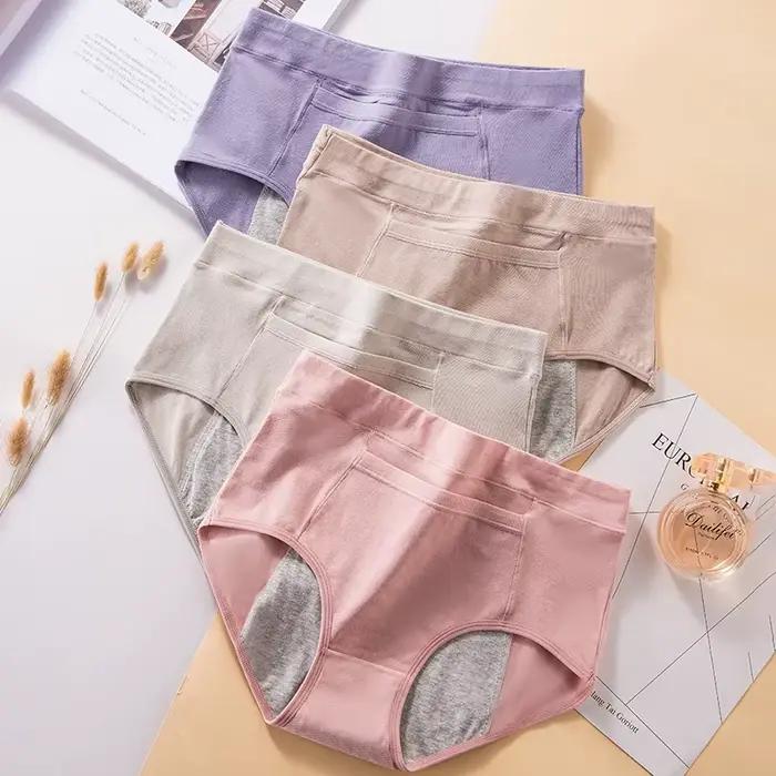 Lot de 4 culottes menstruelles taille haute en coton pour femmes, lingerie physiologique, sous-vêtements anti-fuites, culotte de règles pour dames