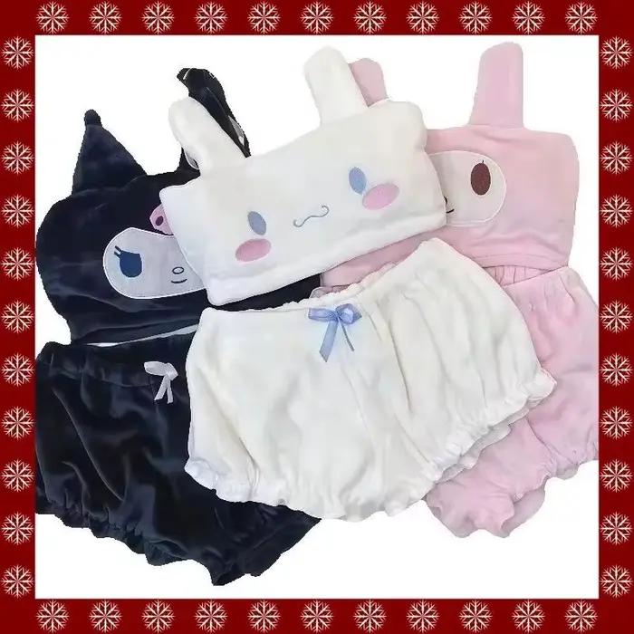 Pyjama en flanelle doux et moelleux à bretelles pour fille, motif dessin animé Kuromi, Melody, Cinnamoroll, Katy Cat, ensemble short, cadeau de vacances pour fille