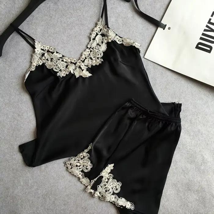 Ensemble pyjama en satin pour femmes, sexy, en dentelle, col en v, vêtements de nuit d'été, pour la maison