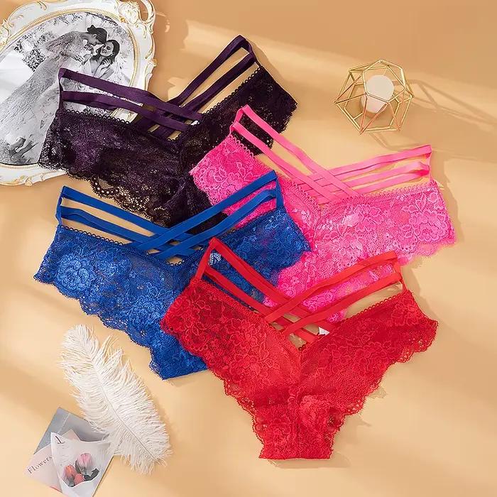 Culotte Sexy en dentelle pour femmes, taille basse, couleur unie, sous-vêtements féminins, ajouré croisé, Lingerie intime sans couture