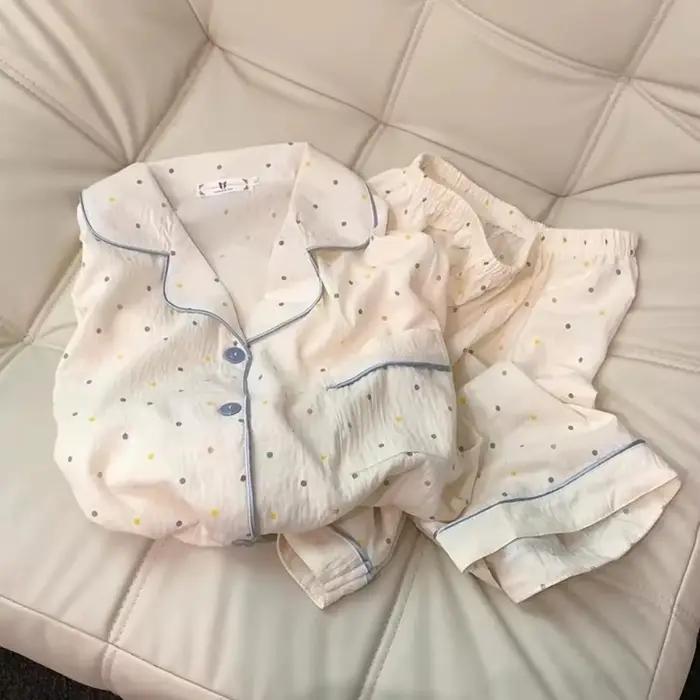 Pyjama imprimé à pois pour femmes, ensemble de pyjama en coton, haut et short, ensemble 2 pièces, tenue décontractée et confortable pour la maison, tenue douce