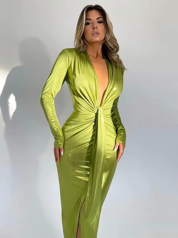 Articat Sexy V-hlboké dlhé rukávy so šnurovaním plisované šaty pre ženy obtiahnuté s rozparkom kovová farba zima párty C