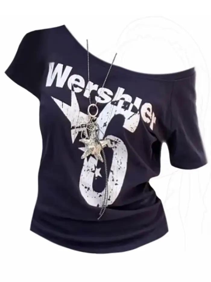 T-Shirt féminin vintage des années 2000 avec coupe décontractée et col cou fendu pour femmes, idéal pour les sorties entre amis et les journées détentes