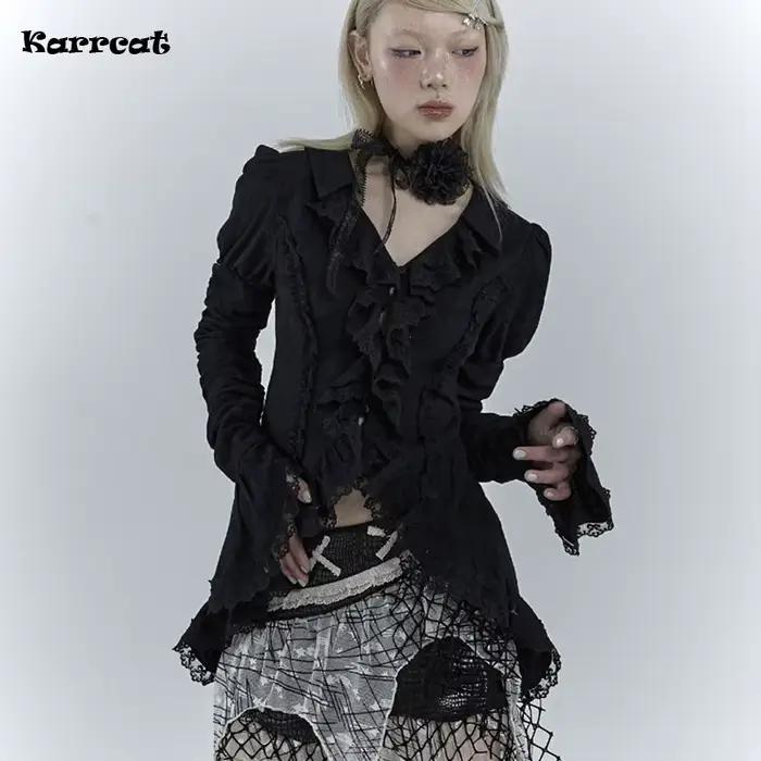 Karrcat-Gotická čipkovaná čierna košeľa