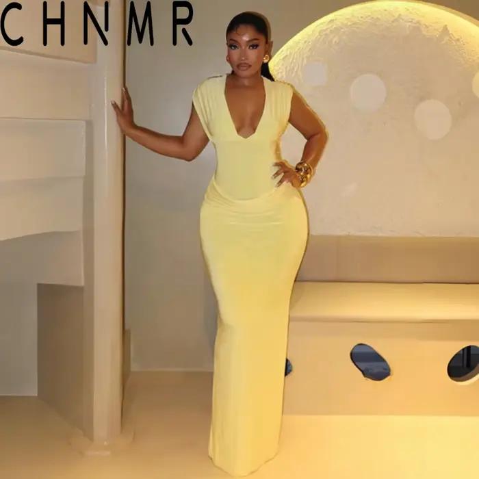 Sexy nariasená obtiahnutá maxi šaty pre ženy jednofarebné bez rukávov s výstrihom do V tenké dlhé