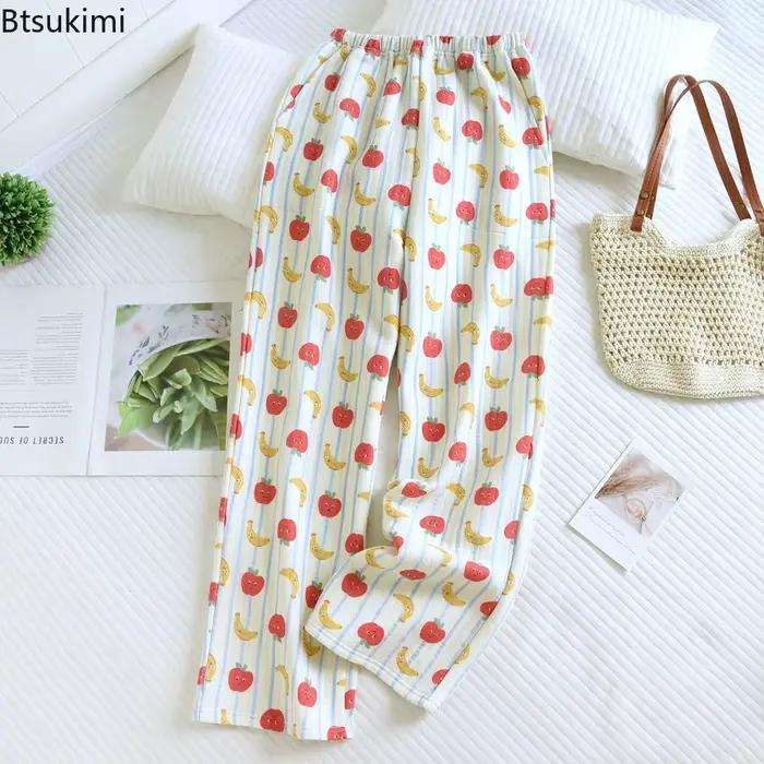 Pantalon de pyjama imprimé 100% coton pour femme, vêtement de maison chaud à trois couches, décontracté, ample, Long, nouvelle collection automne et hiver