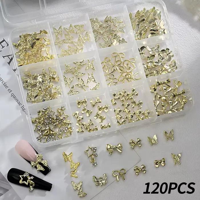 120 ks/škatľa 3D zlatá mašľa motýľ nechtové prívesky z lesklého kovu roztomilý motýlik/diamant hviezda nechtový šperk