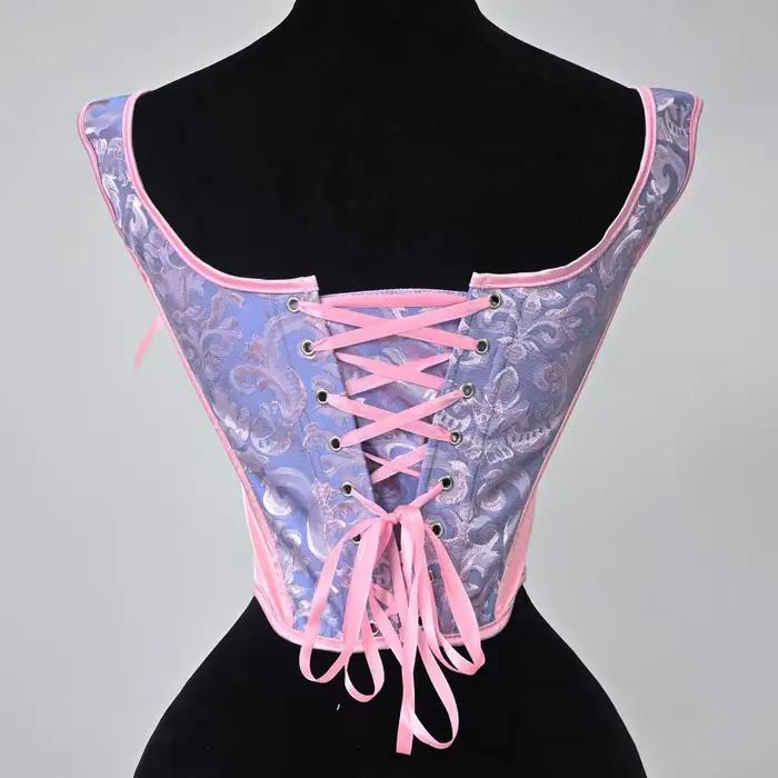 Nouveau Corset Jacquard Rose et Bleu 2026, Bretelles en Satin Rose à Nœuds, Sculpteur de Taille à Baleines, Style Vintage Adorable pour Voyages et Séances Photo