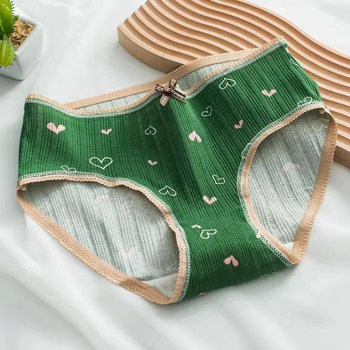 Culotte verte sous-vêtements en coton pour femmes, slip confortable avec nœud à la mode, taille moyenne, sans couture, joli dessin animé pour filles