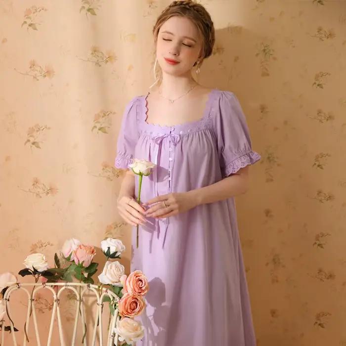 Robe pyjama de Style palais pour femmes, en coton, longue, Sexy, rétro, princesse française, manches courtes, couleur unie, vêtements de nuit, 2023