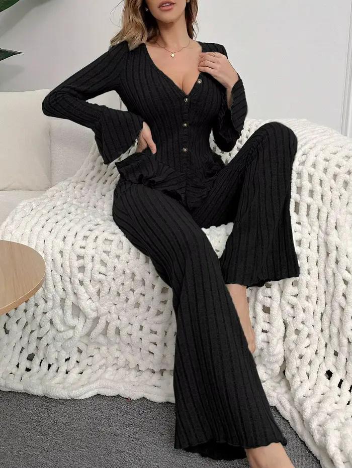Ensemble pyjama deux pièces pour femmes, vêtements de nuit, Sexy, col en V, manches longues, hauts et pantalons, vêtements de maison, automne et hiver