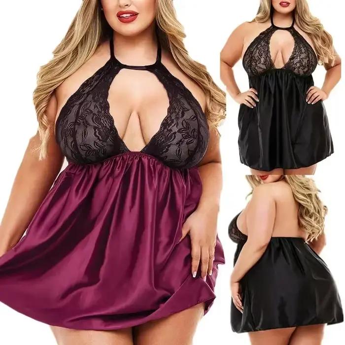 Sexi veľká veľkosť Čipkované priesvitné pyžamo s viazaním na krk pre ženy