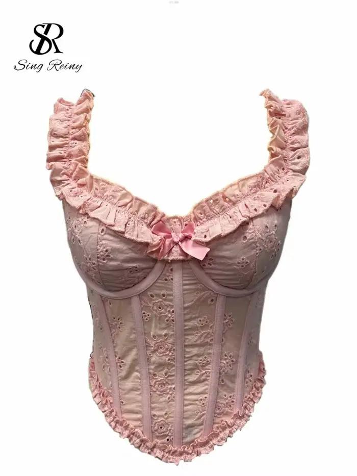 SINGREINY kvetinová výšivka Dámska bielizeň nepravidelný popruh Krátky korzet zmyselný francúzsky Hotsweet štíhly Sexy plážová košeľa