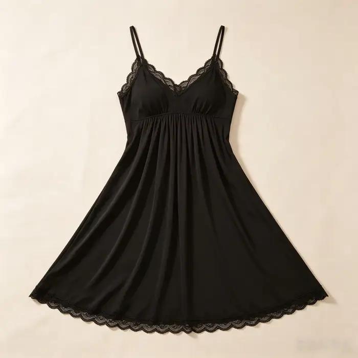Robe de nuit mi-longue ample en modal doux pour femme, col en V, bretelles spaghetti, bordure en dentelle, respirante, décontractée, pour la maison