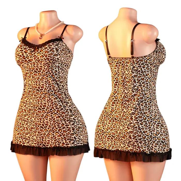 Robe de nuit en dentelle à imprimé léopard pour femmes, col en V profond, lingerie séduisante, tenue exotique pour une soirée romantique d'été
