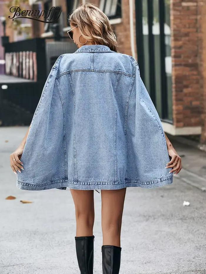 Benuynffy jednoduché zapínanie Cape Denim kabát ženy jar jeseň móda Vintage vrecká voľný Džínsová bunda žena Streetwear