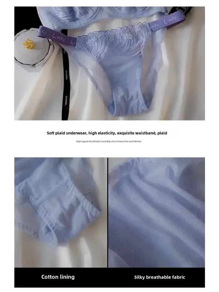 MOYISU Ensemble soutien-gorge et culotte en dentelle bleu porte-bonheur français – Bralette transparente demi-tasse, lingerie sexy ultra fine pour femme, sous-vêtements romantiques