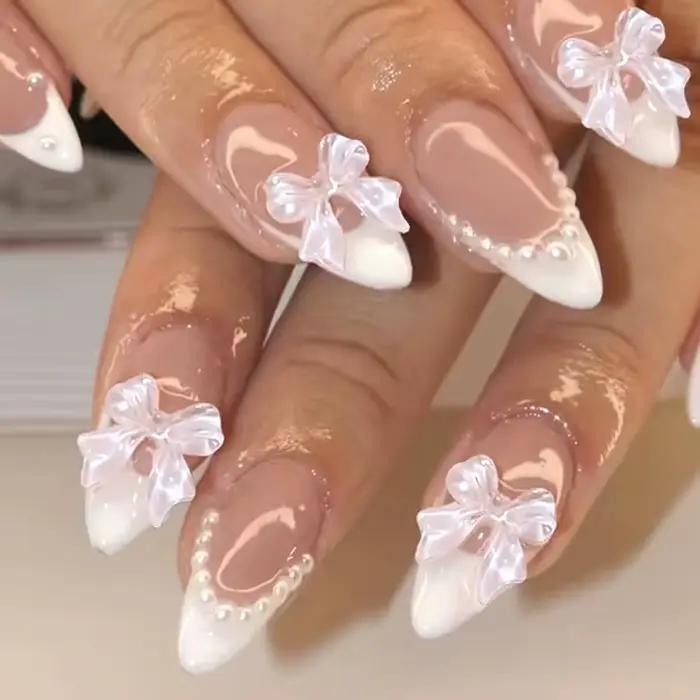 ARTAUG 24 kusov stredne veľké nechty Stiletto ružová motýlik francúzska manikúra roztomilé