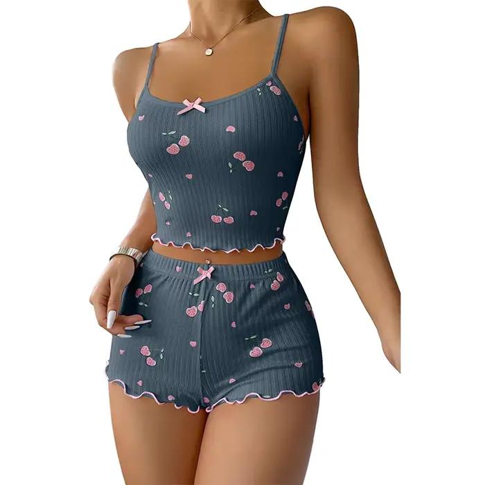 Ensemble pyjama 2 pièces pour femmes, haut caraco avec nœud imprimé cerise sur le devant et ensemble pyjama court, vêtements de nuit mignons et doux