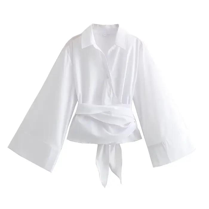 Blouse en coton et polyester décontractée à col en V pour femmes junior occasions printemps été bureau