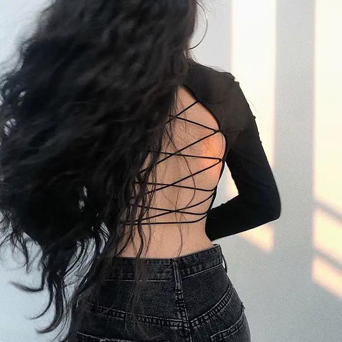 Y2K ženy Sexy Harajuku otvorený chrbát Tričko s dlhým rukávom strihaný top letný čierny oblečenie Vintage dutý T-s