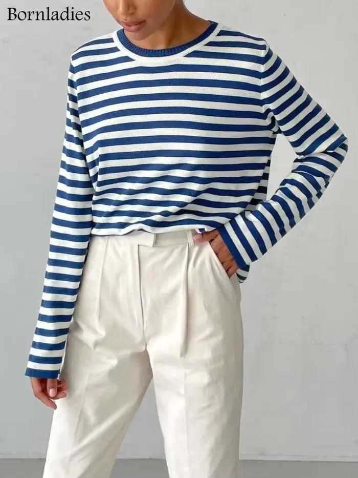 Bornladies pruhovaný pletený sveter pre ženy 2025 jeseň zima voľný ležérny hrubý teplý