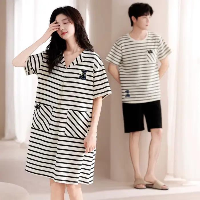Ensemble pyjama pour Couple, chemise de nuit 100 % coton rayé, manches courtes, nouvelle collection