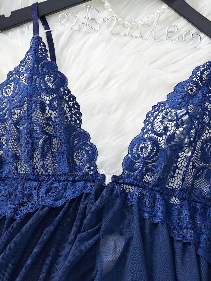 Ensemble de lingerie transparente bleue pour femmes, sous-vêtements, vêtements de nuit, robe de nuit en dentelle et culotte, pyjama, nuisette féminine