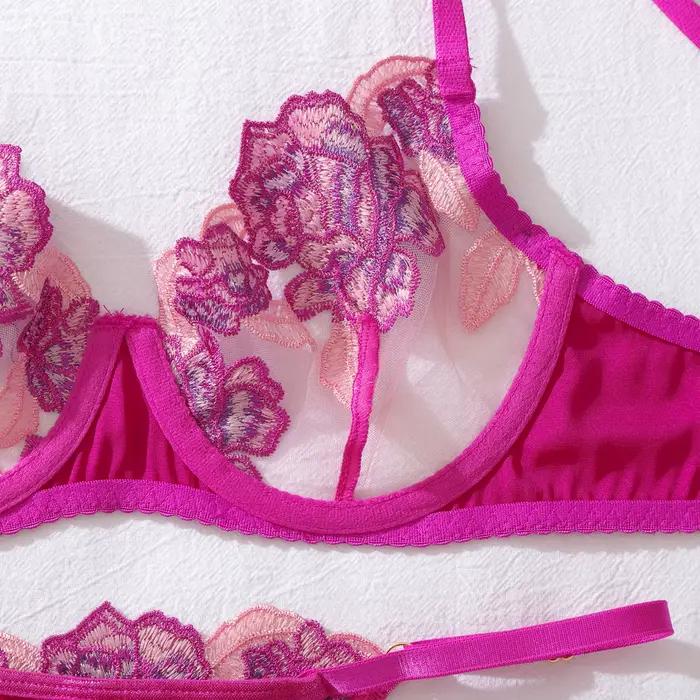 Červená ruža kvetinová výšivka sexy priesvitná podprsenka ultra tenký košíček push-up veľký displej set podprsenky