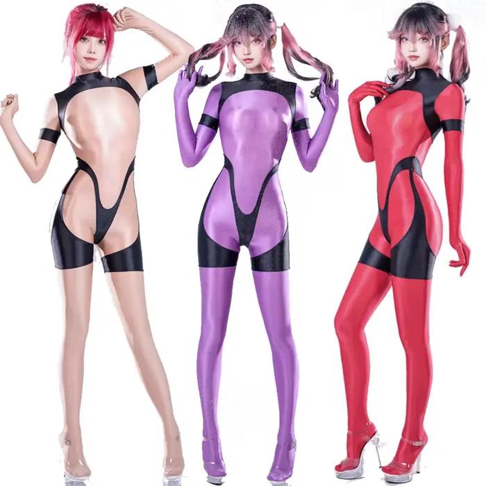 Combinaison brillante et lisse pour femmes, fermeture éclair au dos, Patchwork, body une pièce à manches longues, salopette Sexy Cosplay Clubwear, justaucorps serré