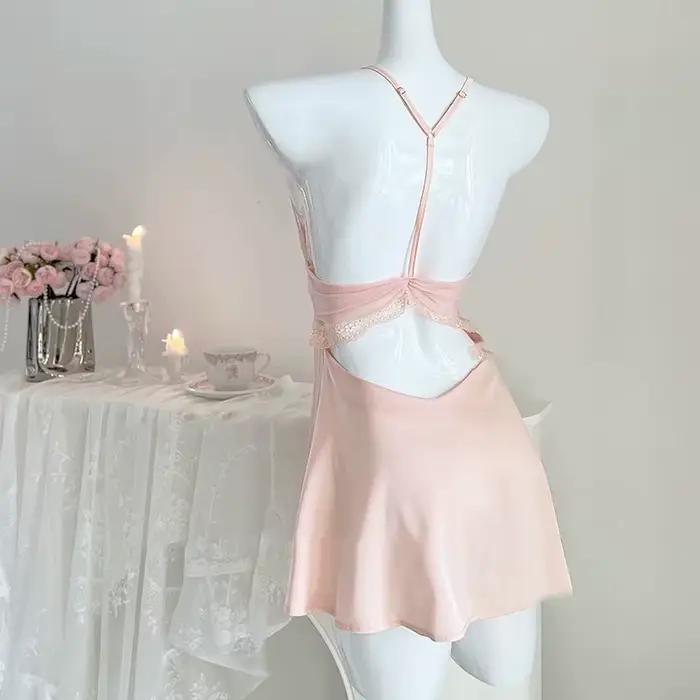Robe de nuit princesse en dentelle sexy style court, pyjama d'été en satin dos nu