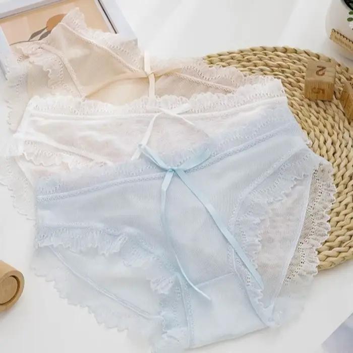 Culottes en dentelle taille basse en soie glacée avec nœud pour femme, entrejambe en coton, sans couture