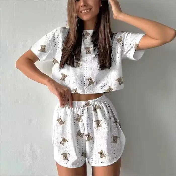 Ensemble pyjama deux pièces pour femmes, Short à manches courtes, imprimé Jacquard, mode d'été, ensemble de vêtements de maison