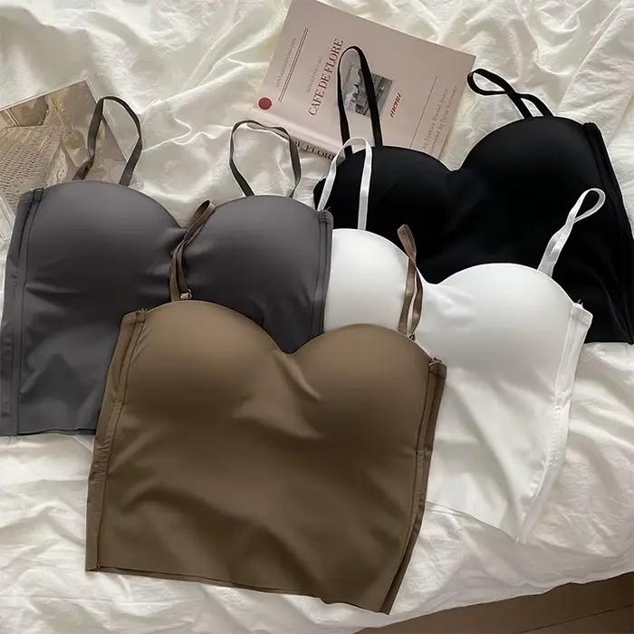 Haut pour femme avec soutien-gorge intégré, bustier tubulaire en soie glacée, sans couture, sous-vêtements confortables, sans fil, rembourré, haut court Sexy