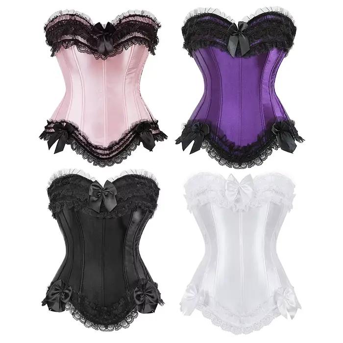Corset bustier en satin pour femme, costume burlesque, corset princesse, haut à lacets, noir, blanc, violet, rose, grande taille