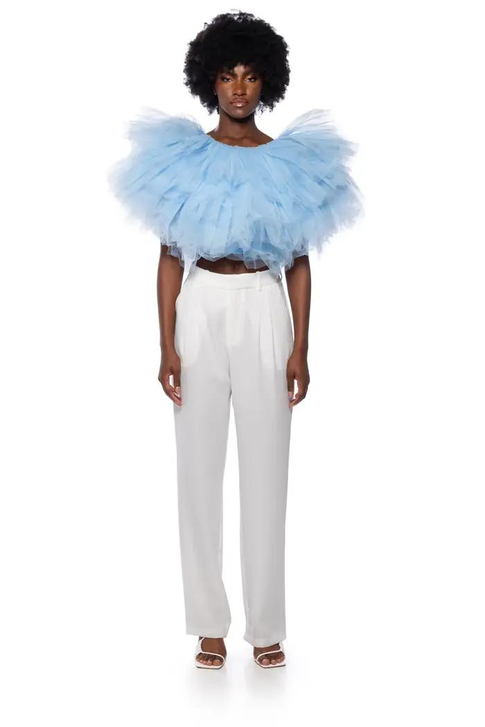 Haut court en tulle bleu ciel bouffant, épaules dénudées, superposé, avec volants, en maille volumineuse, pour soirée et séance photo