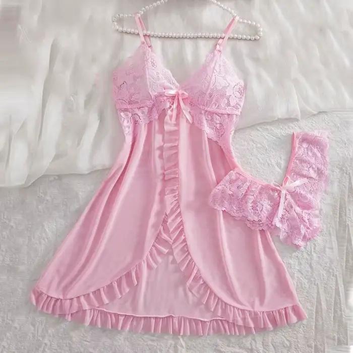Ensemble rose pour femmes, Lingerie tanga Sexy, chemise de nuit Teddy, pyjama féminin exquis, col en v avec culotte, ensemble 2 pièces, robe de nuit