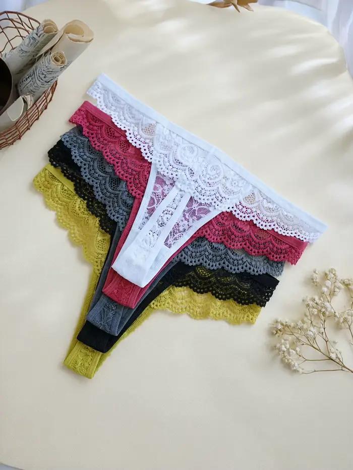 Lot de 5 culottes en dentelle pour femmes, élégantes et confortables, taille basse, strings sexy de couleur unie