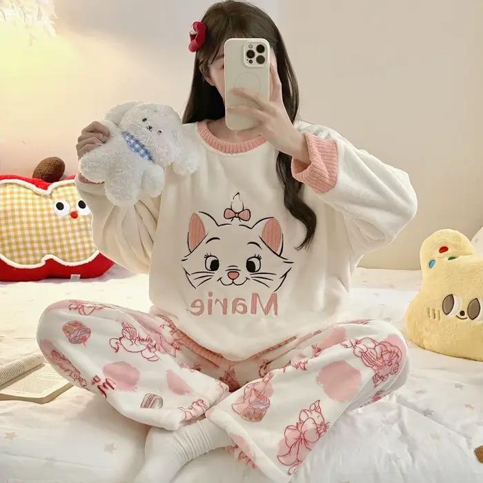 Nouveau Marie chat pyjama ensembles pour femmes chaud en peluche hiver pyjamas Homewear épais corail polaire mignon doux Anime périphérie