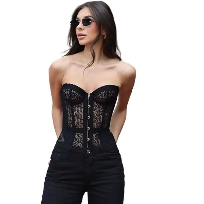Corset désossé en acier pour femmes, avec boutons sur le devant et laçage au dos, haut sans bretelles en dentelle et maille, Sexy, gothique, mode Club Wear